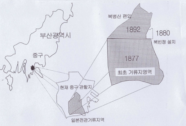 그림 3. 1875-1908년 기간 부산 일본인 전관 거류지의 변천과 지금의 위치 지도