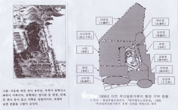 그림 4.용두산 주변의 일본 거류지. 그림과 지도