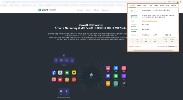 SEO Pro Extension으로 검사한 비즈스프링 그로쓰플랫폼 홈페이지